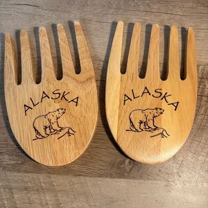 Handcrafted Alaska Wooden Bear Claws Salad Hands Wood Forks Utensils Etched Set